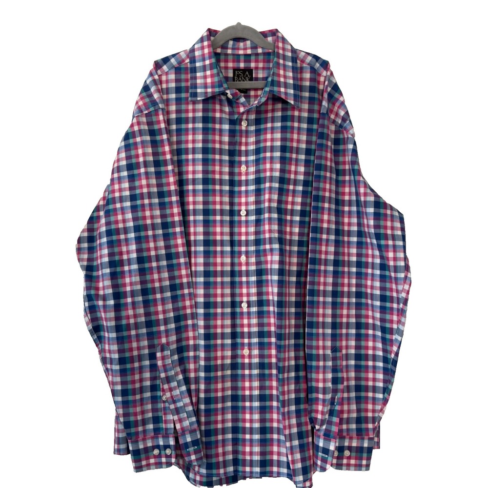 Jos A Bank Traveler's Collection Plaid Cotton Button Down Shirt Large Tailored